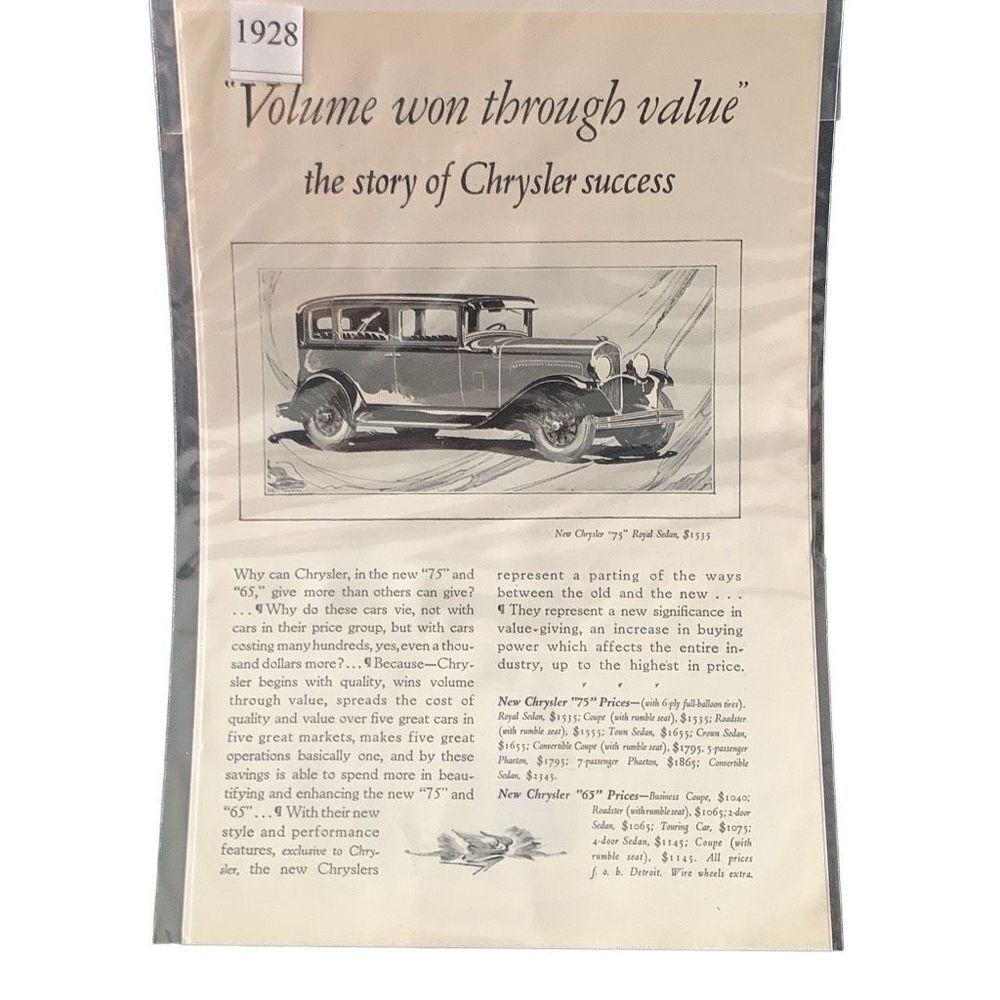 Vintage 1928 Chrysler Value Won Through Value Ad Advertisement